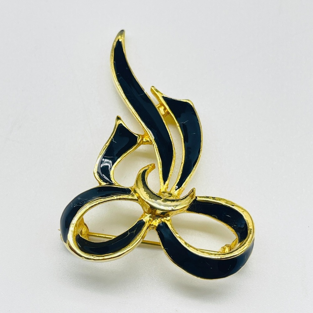 Vintage Black Enamel Bow Brooch Gold Tone Ribbon Fashion Statement Pin - Picture 3 of 6